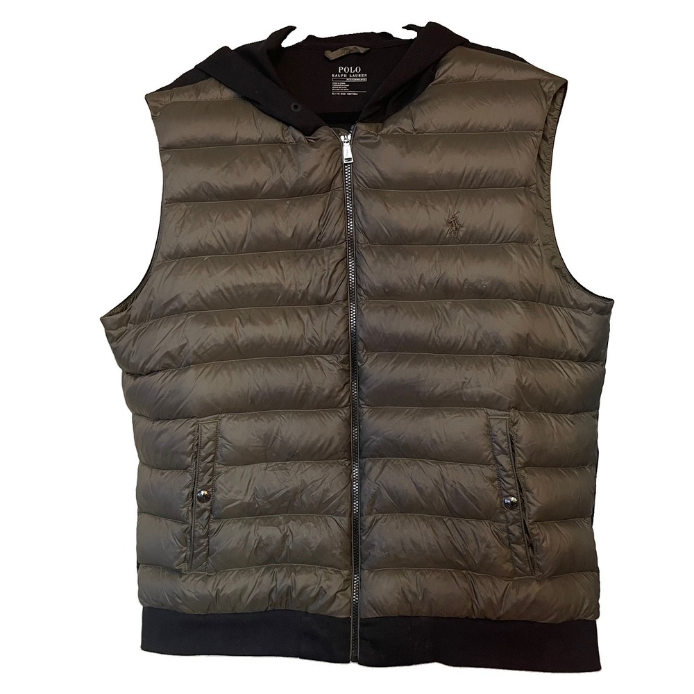 Polo Ralph Lauren Vest XL Green Olive Down Full Zip Performance Hoodie Black
